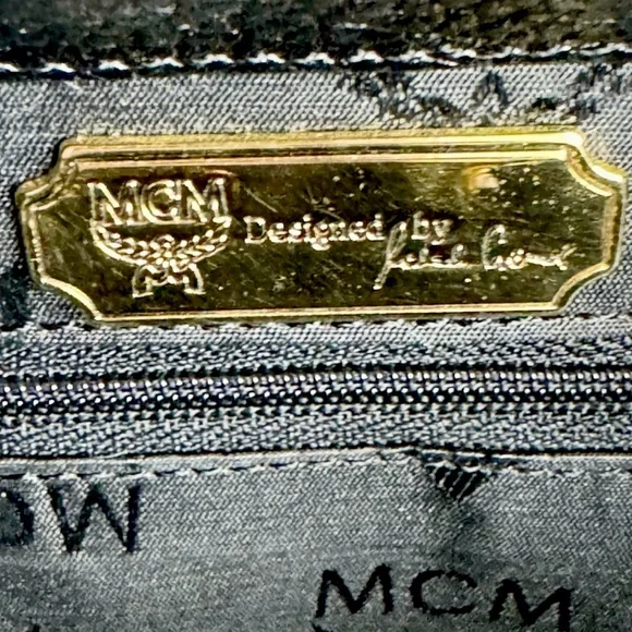 MCM Gold Studded Logo Black Pebbled Leather Backpack Tasseled Drawstring - Picture 10 of 15